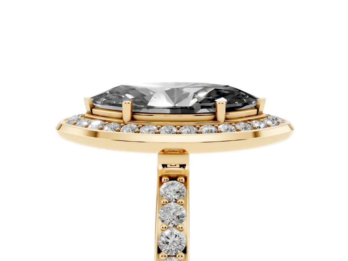Fancy Black Marquise Cut Diamond Halo Ring with Bezel Frame and Pavé Band Yellow gold