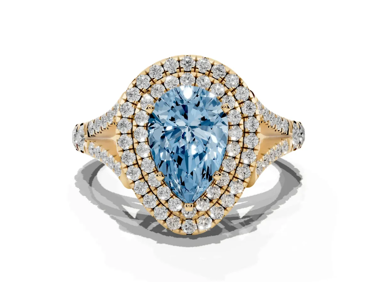 Fancy Blue Pear Cut Diamond Double Halo Ring with Split Shank and Prong Setting Yellow gold