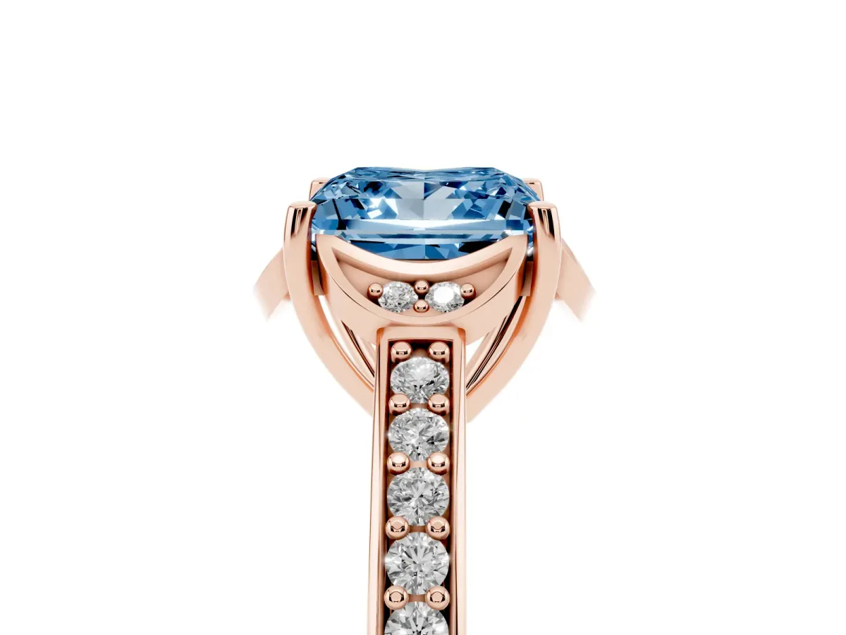 Fancy Blue Princess Cut Cut Halo Diamond Ring with Channel Set Band and Four-Prong Setting Rose gold