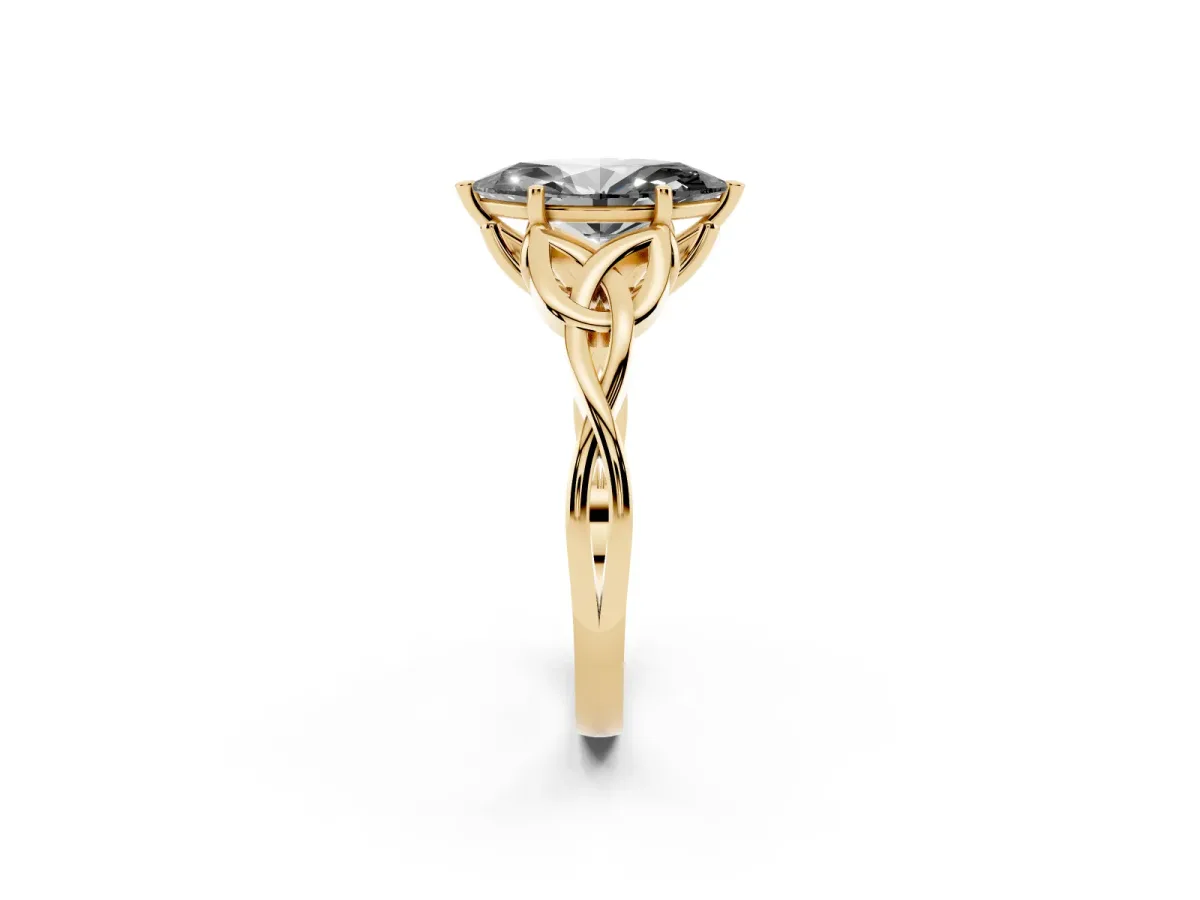 Fancy Black Marquise Cut Diamond Solitaire Engagement Ring with Celtic Knot Band and Four-Prong Setting Yellow gold