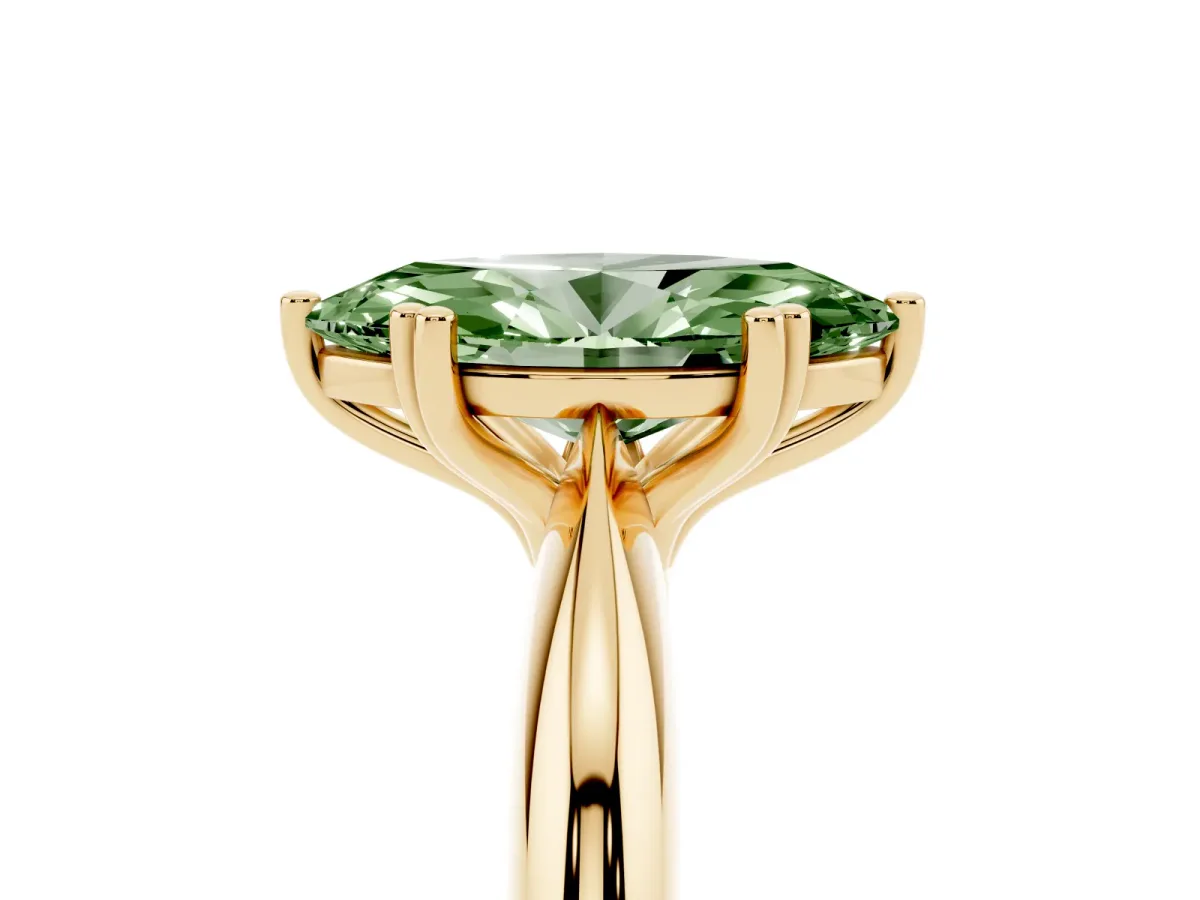 Fancy Green Marquise Cut Cut Solitaire Engagement Ring with Tapered Band and Four-Prong Setting Yellow gold