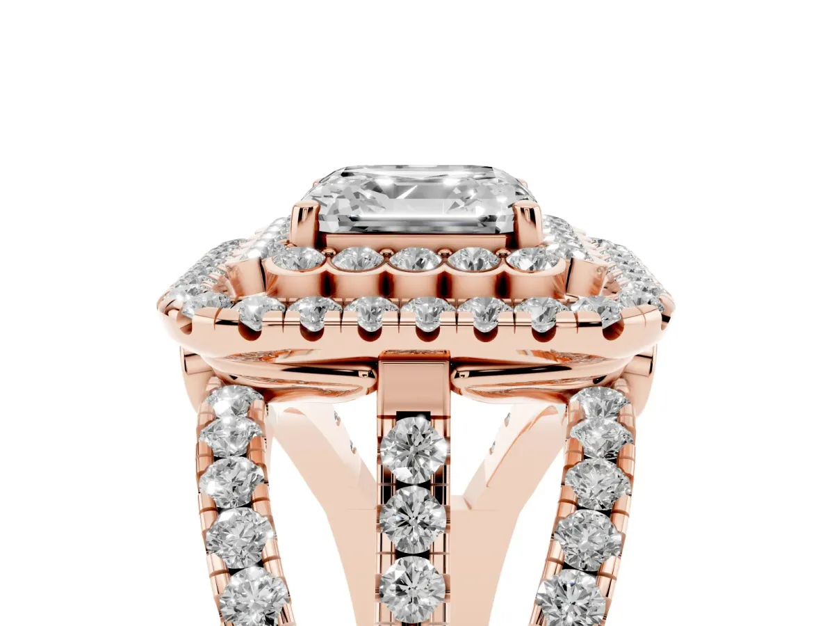 Asscher Cut Diamond Double Halo Ring with Round Pavé Split Shank and Prong Setting Rose gold