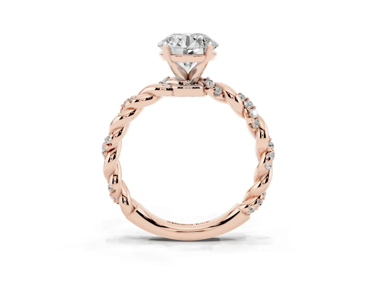 Round Cut Diamond Solitaire Ring with Twisted Band and Pavé Accents Rose gold