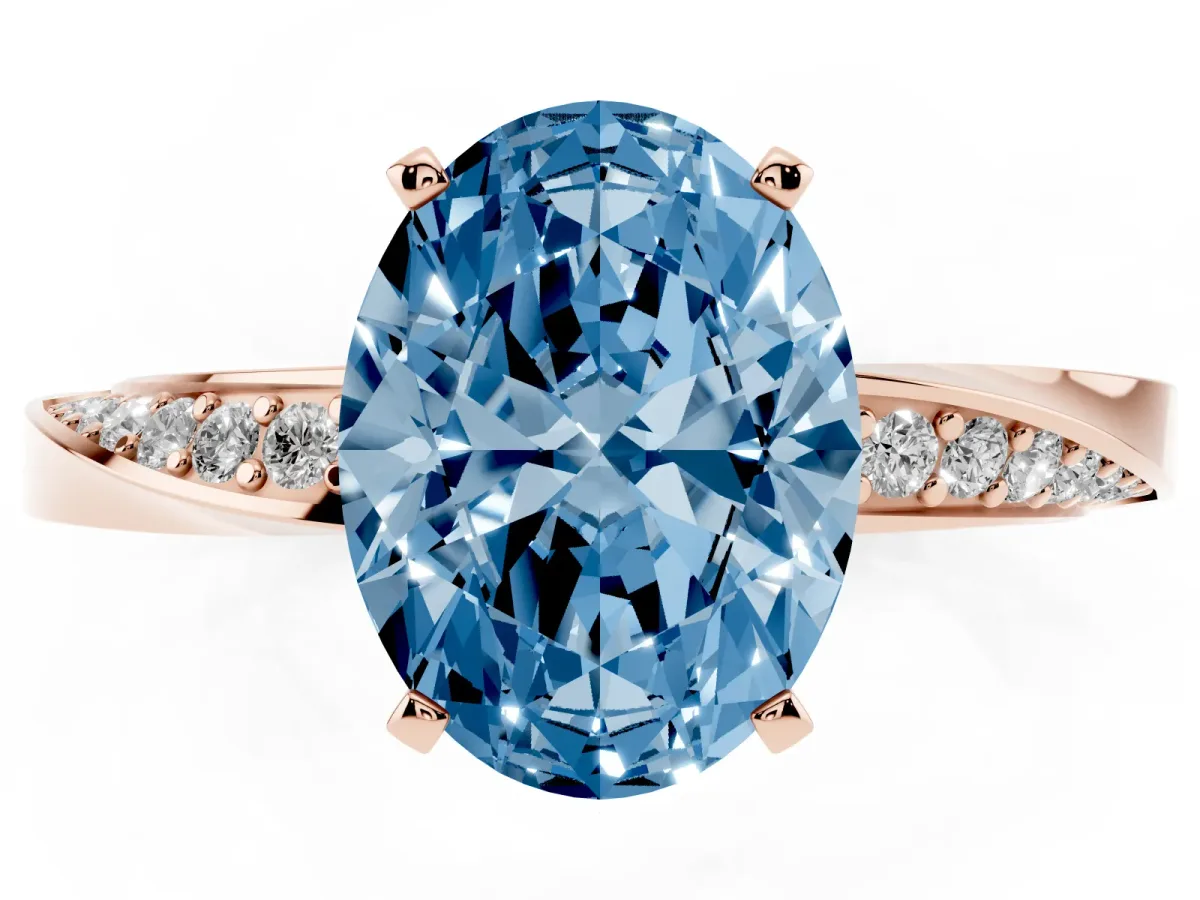 Fancy Blue Oval Cut Diamond Engagement Ring with Side Stone Accents and Four-Prong Setting Rose gold