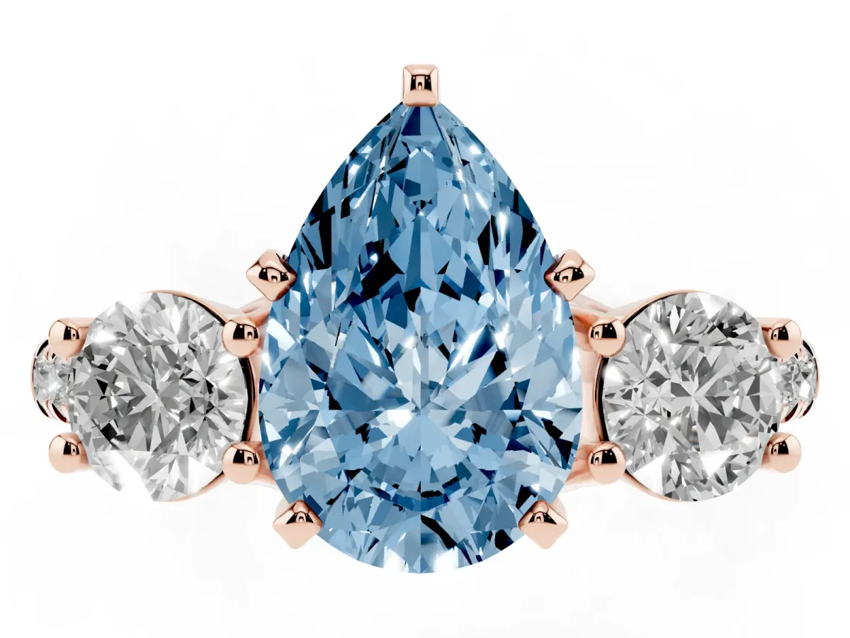 Fancy Blue Three-Stone Pear Cut Diamond Pavé Band with Four-Prong Setting Rose gold