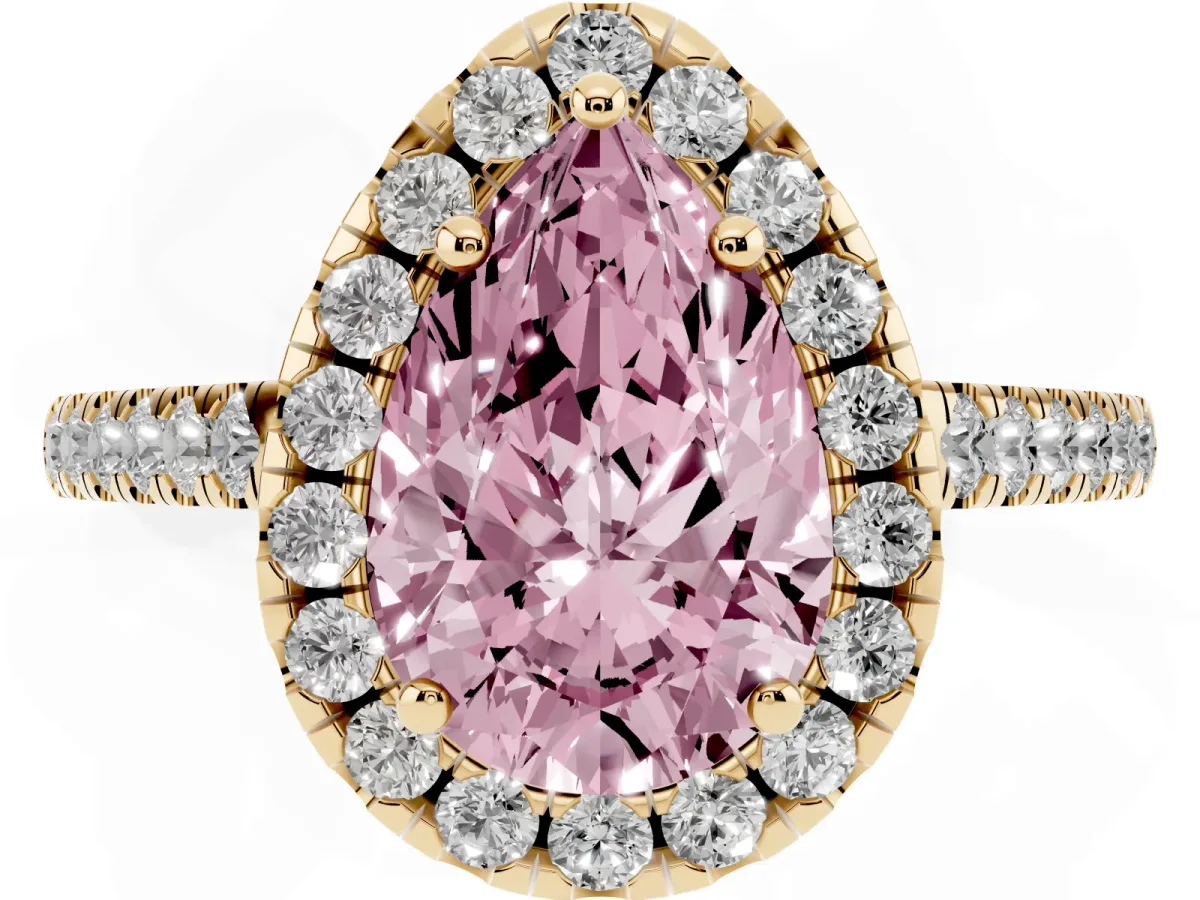 Fancy Pink Pear Cut Halo Pavé Diamond Engagement Ring with Four-Prong Setting Yellow gold