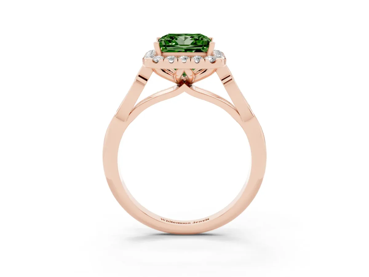 Fancy Green Princess Cut Halo Diamond Engagement Ring with Filigree Band and Four-Prong Setting Rose gold