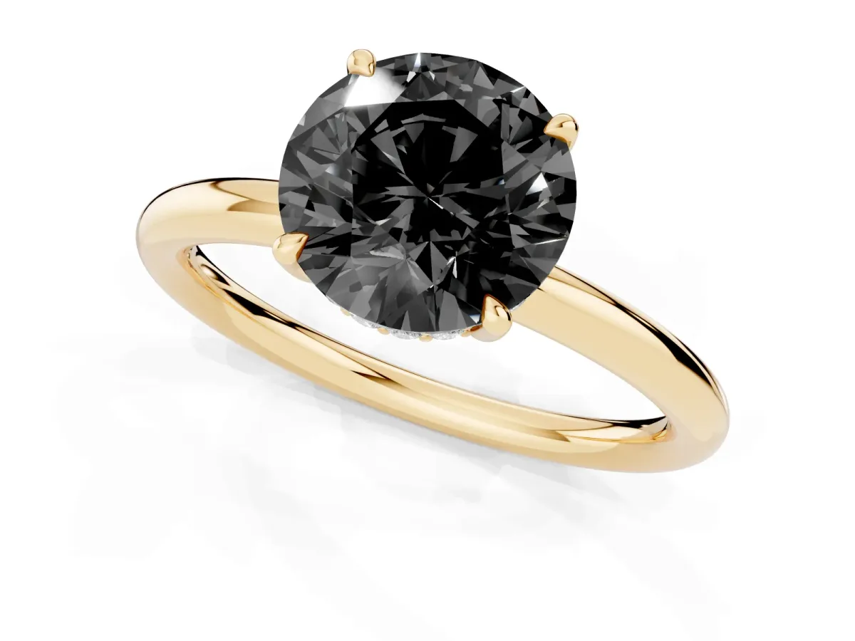 Fancy Black Round Cut Diamond Solitaire Ring with Thin Band and Four-Prong Setting Yellow gold