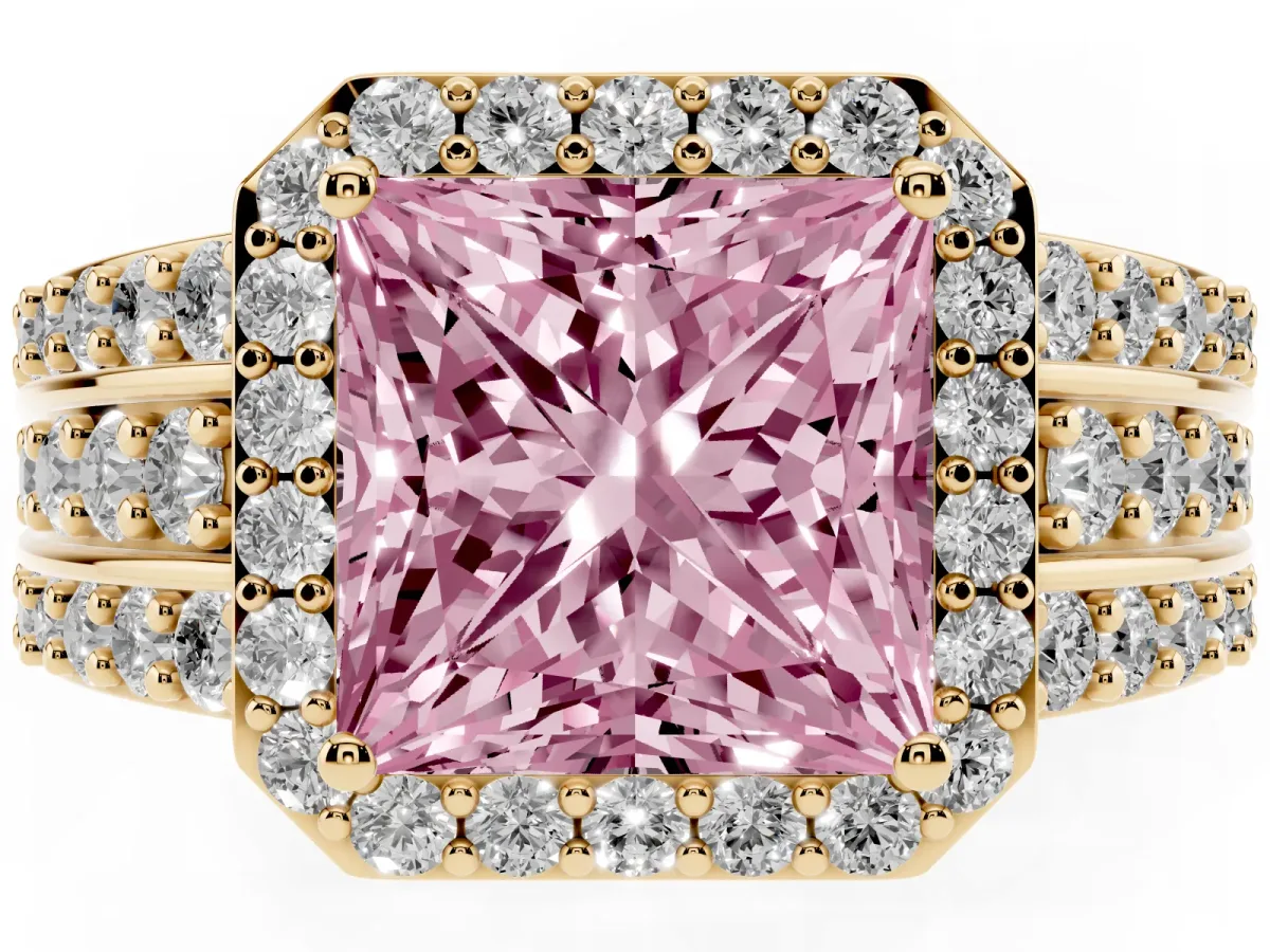 Fancy Pink Princess Cut Halo Diamond Ring with Round Split Shank and Prong Setting Yellow gold