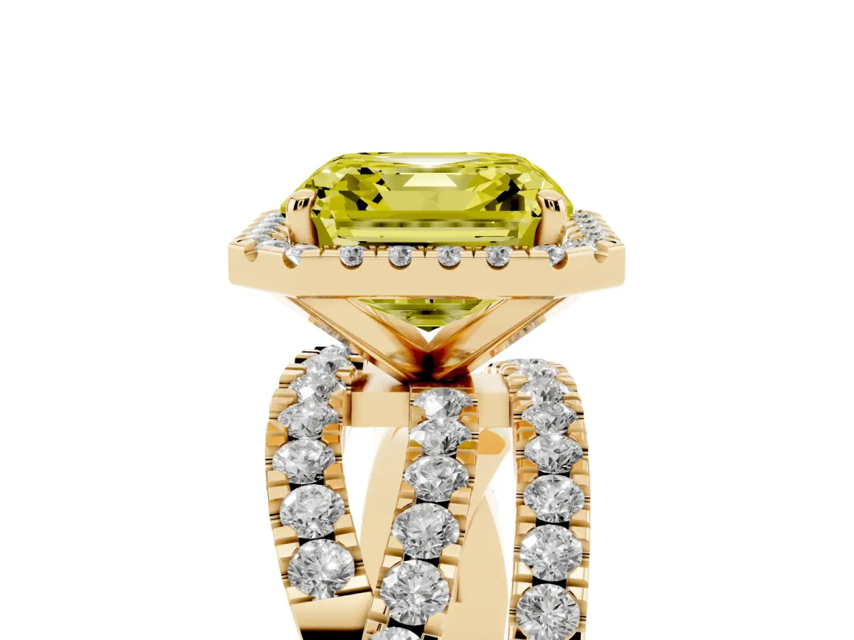 Fancy Yellow Asscher Cut Diamond Halo Ring with Round Split Shank and Prong Setting Yellow gold
