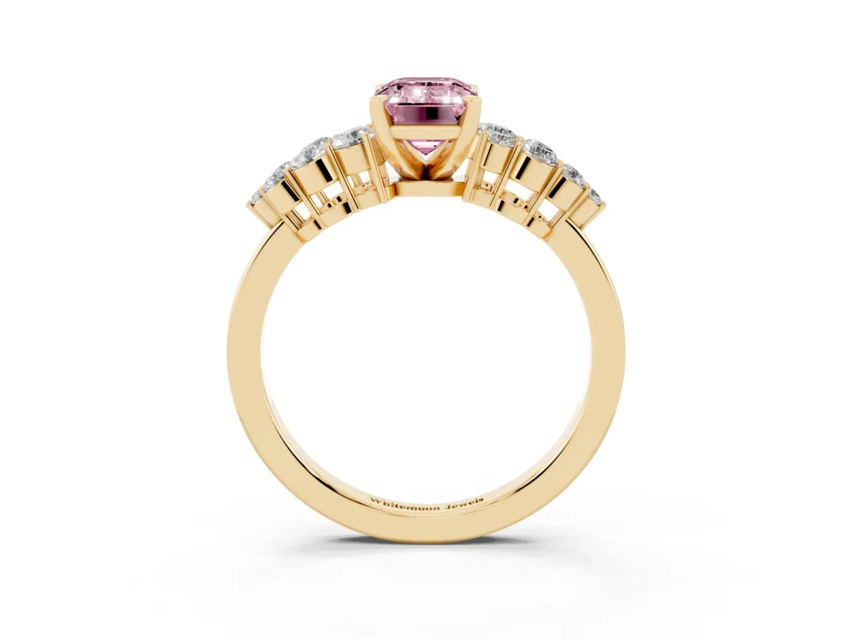 Fancy Pink Emerald Cut Cluster Diamond Engagement Ring with Pavé Band and Four-Prong Setting Yellow gold