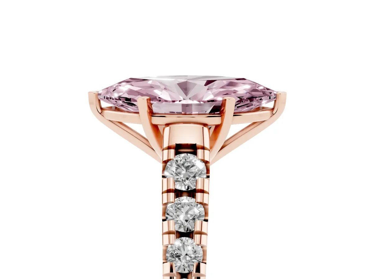 Fancy Pink Marquise Cut Diamond Cathedral Solitaire Ring with Round Pavé Band Rose gold