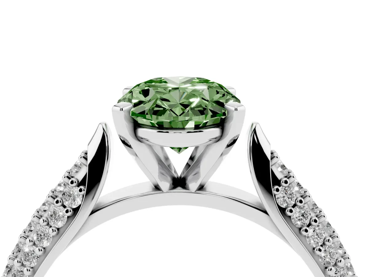 Fancy Green Oval Cut Diamond Solitaire Engagement Ring with Multi-Row Round Pavé Band and Prong Setting White gold