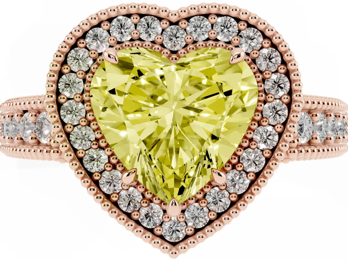 Fancy Yellow Heart Cut Cut Halo Diamond Ring with Pavé Band and Four-Prong Setting Rose gold