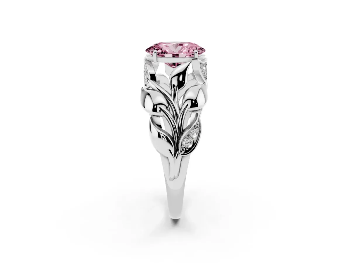 Fancy Pink Oval Cut Diamond Leaf-Inspired Engagement Ring with Round Accents and Prong Setting Silver