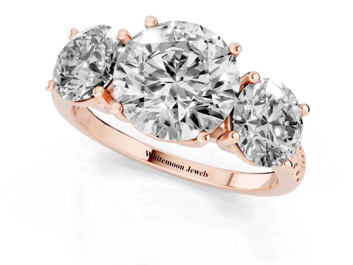 Three-Stone Round Cut Diamond Ring with Round Pavé Band and Prong Setting Rose gold