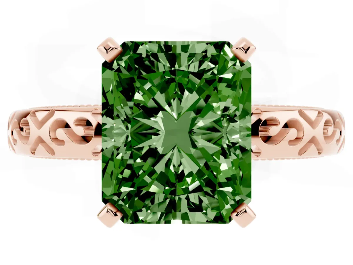 Fancy Green Radiant Cut Solitaire Engagement Ring with Scrollwork Band and Four-Prong Setting Rose gold