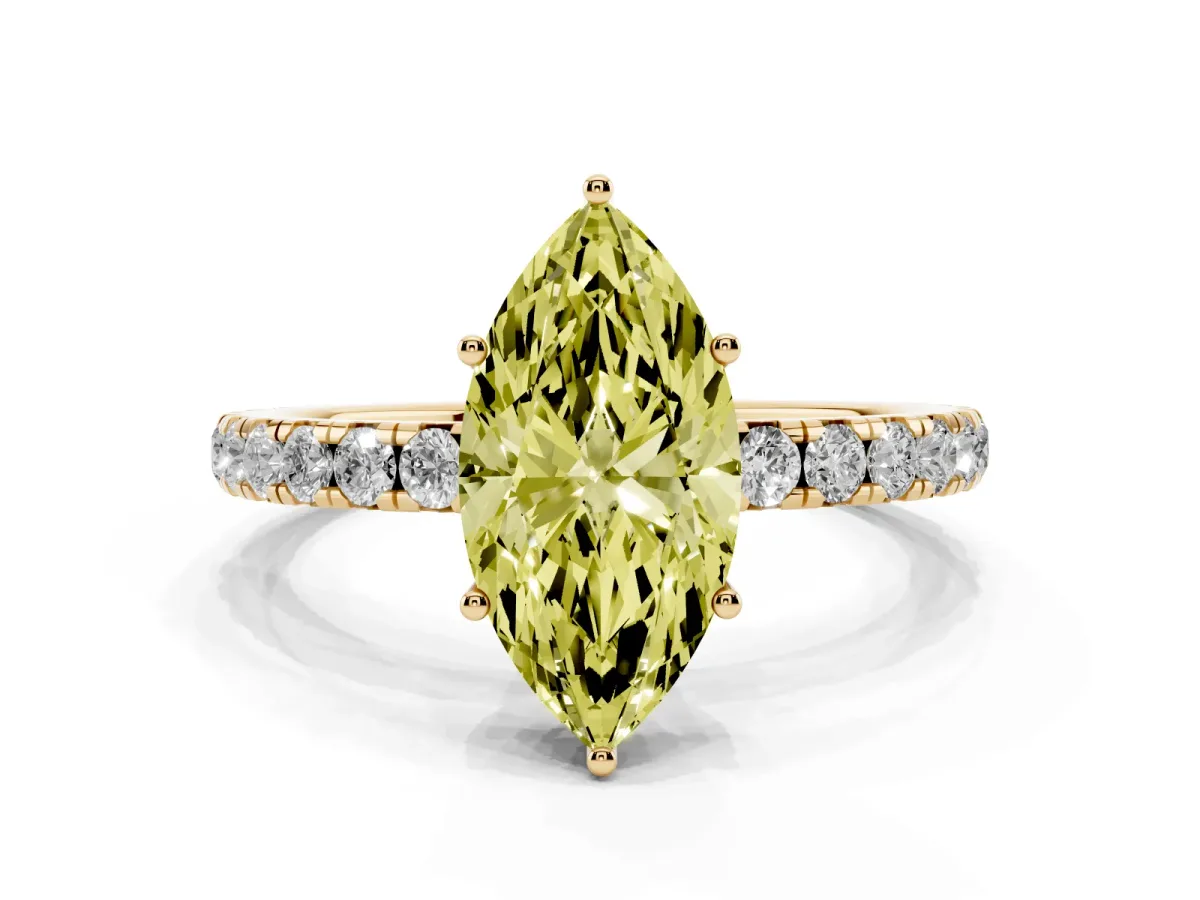 Fancy Yellow Marquise Cut Diamond Pavé Solitaire Engagement Ring with Four-Prong Setting Yellow gold