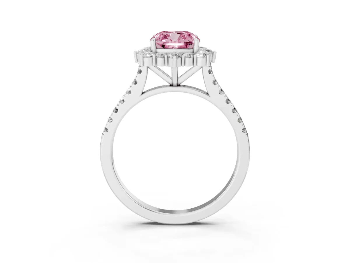 Fancy Pink Cushion Cut Halo Diamond Ring with Pavé Band and Prong Setting Silver