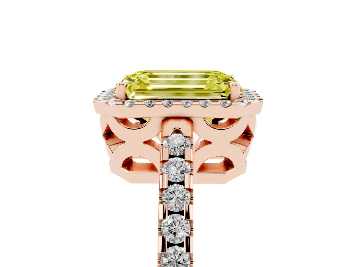 Fancy Yellow Emerald Cut Diamond Halo Engagement Ring with Pavé Band and Prong Setting Rose gold