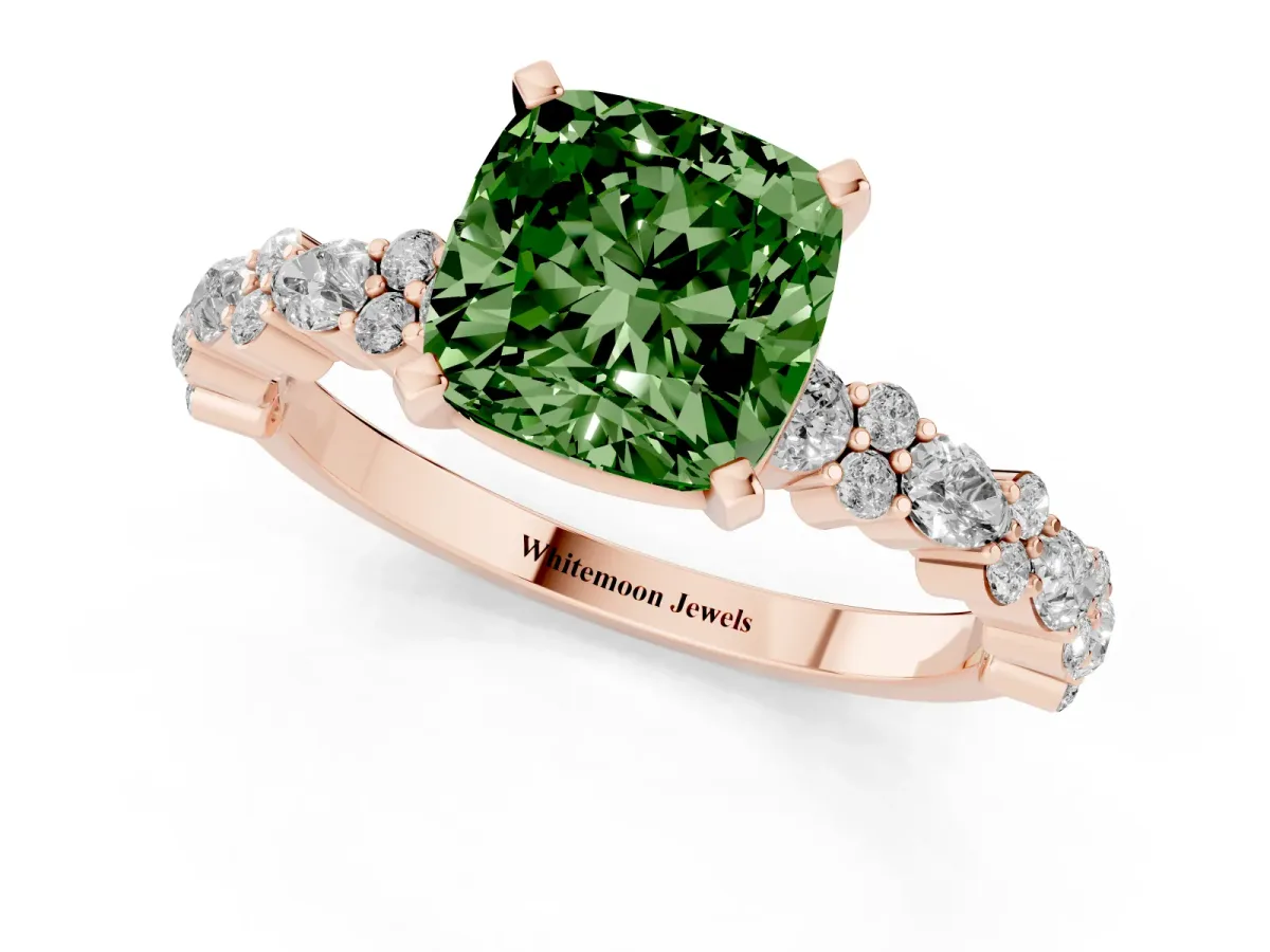 Fancy Green Cushion Cut Diamond Side Stone Solitaire Ring with Round and Four-Prong Setting Rose gold
