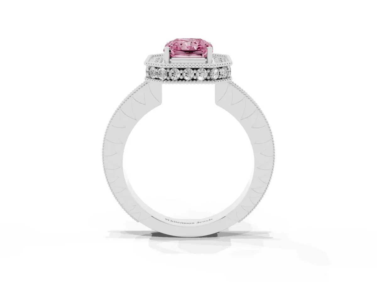 Fancy Pink Radiant Cut Diamond Milgrain Halo Engagement Ring with Round Pavé Band and Prong Setting Platinum