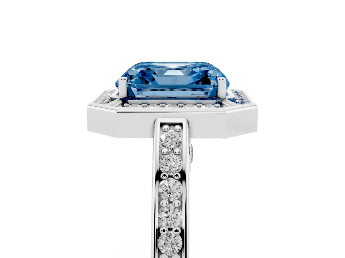 Fancy Blue Asscher Cut Cut Halo Pave Split Shank Prong Setting Ring Platinum