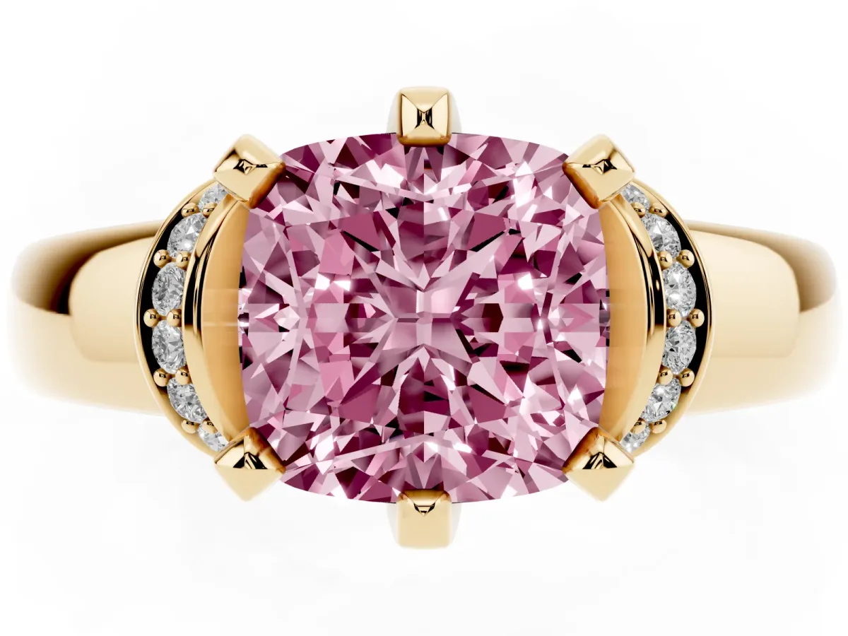 Fancy Pink Cushion Cut Solitaire Diamond Ring with Pave Band and Six-Prong Setting Yellow gold