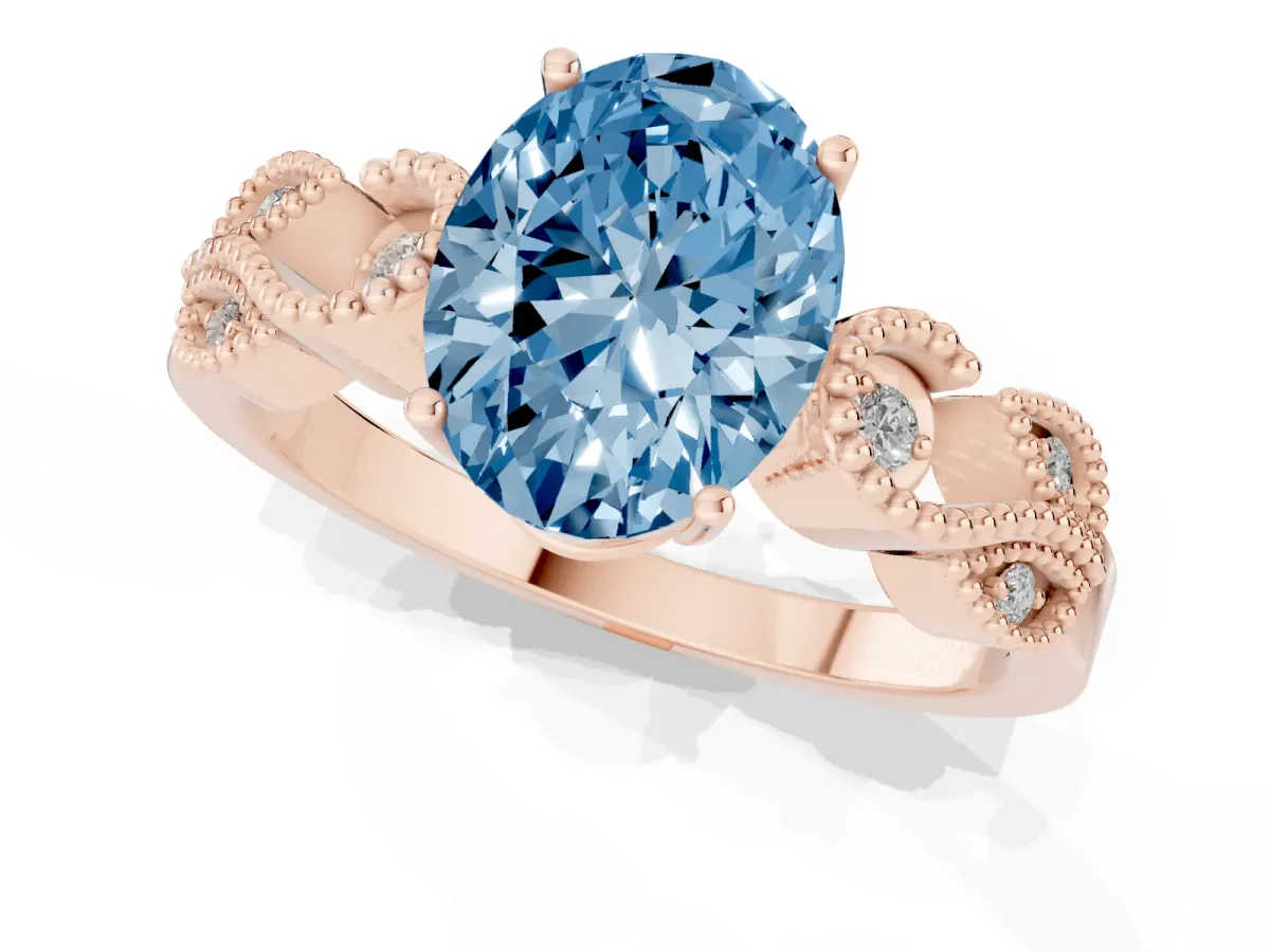 Fancy Blue Oval Cut Solitaire Milgrain Leaf Band with Prong Setting Rose gold