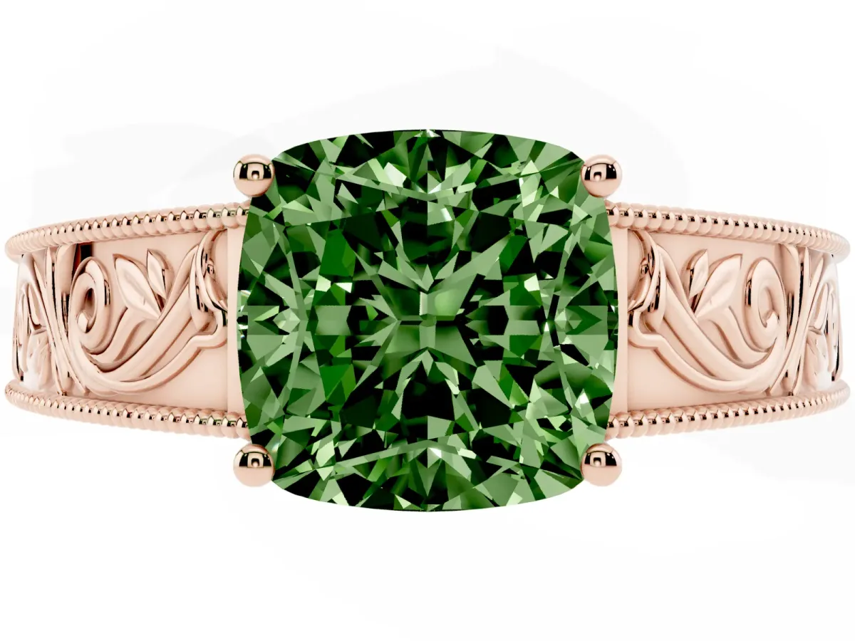 Fancy Green Cushion Cut Diamond Solitaire Ring with Engraved Band and Four-Prong Setting Rose gold