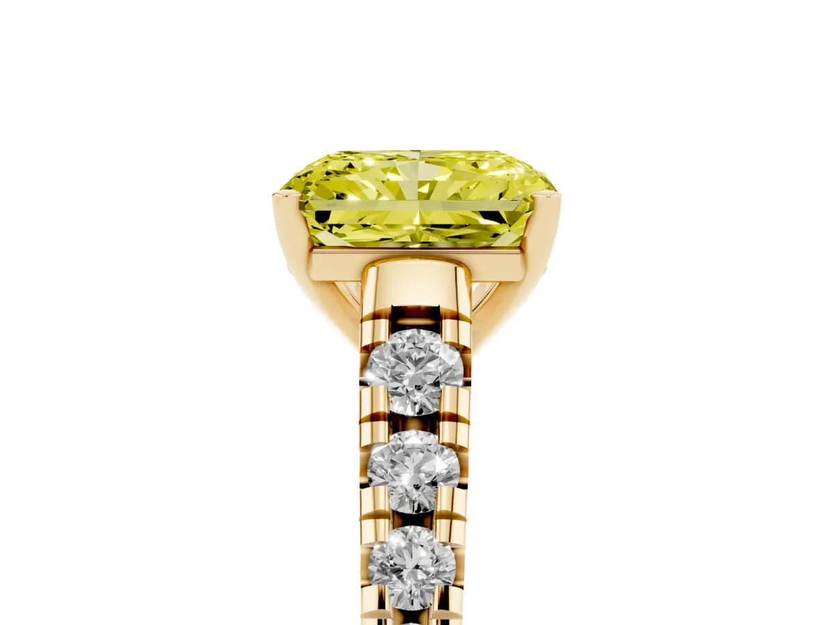 Fancy Yellow Radiant Cut Diamond Cathedral Solitaire Ring with Round Pavé Band Yellow gold