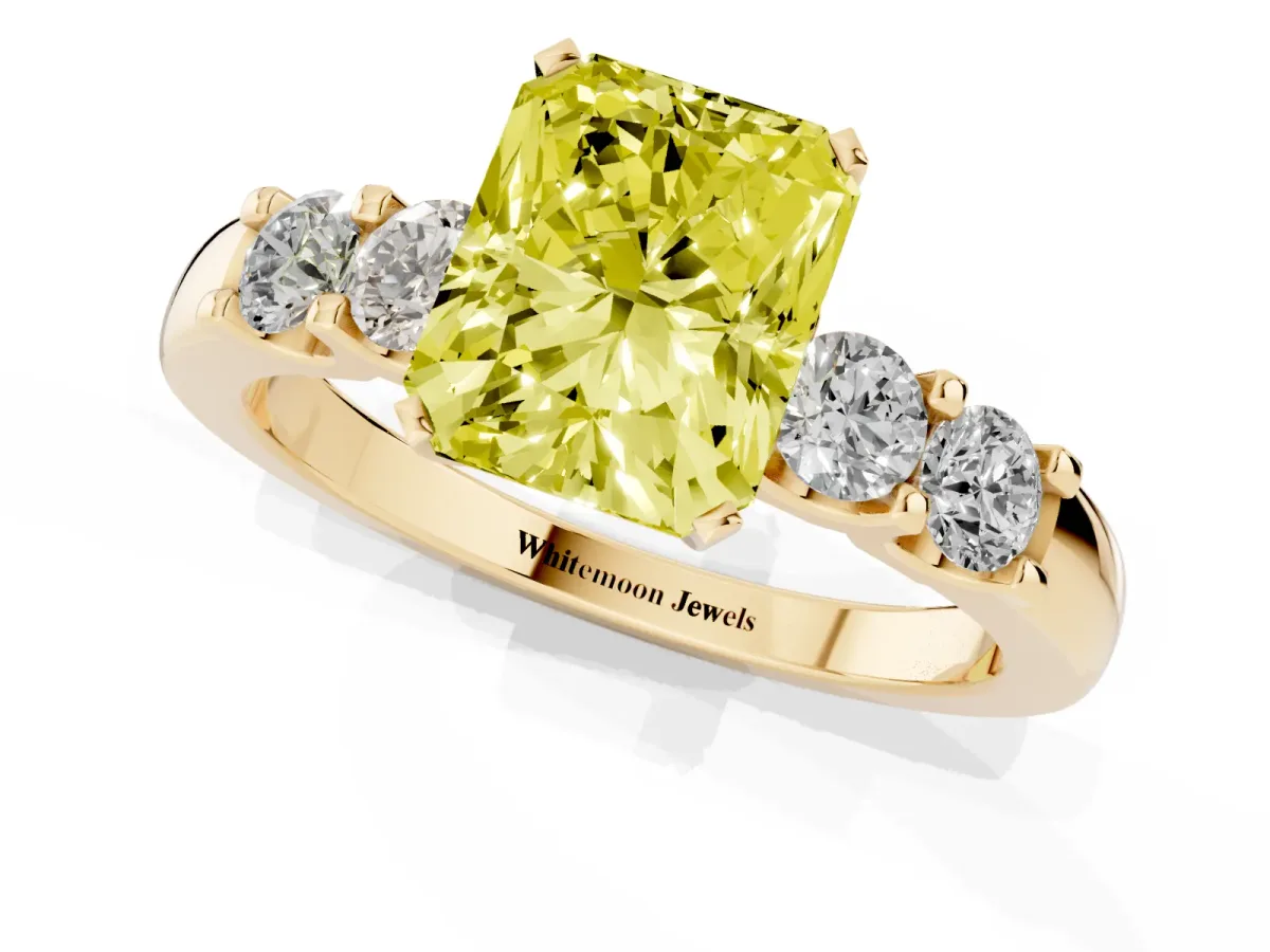 Fancy Yellow Radiant Cut Brilliant Cut Diamond Five-Stone Prong Set Engagement Ring with Channel Band Yellow gold