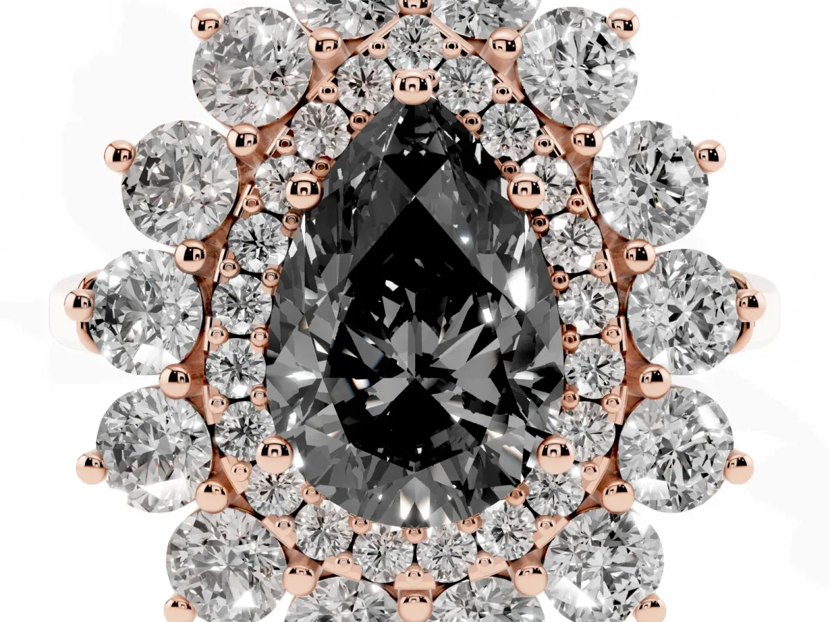 Fancy Black Pear Cut Diamond Floral Double Halo Engagement Ring with Prong Setting Rose gold