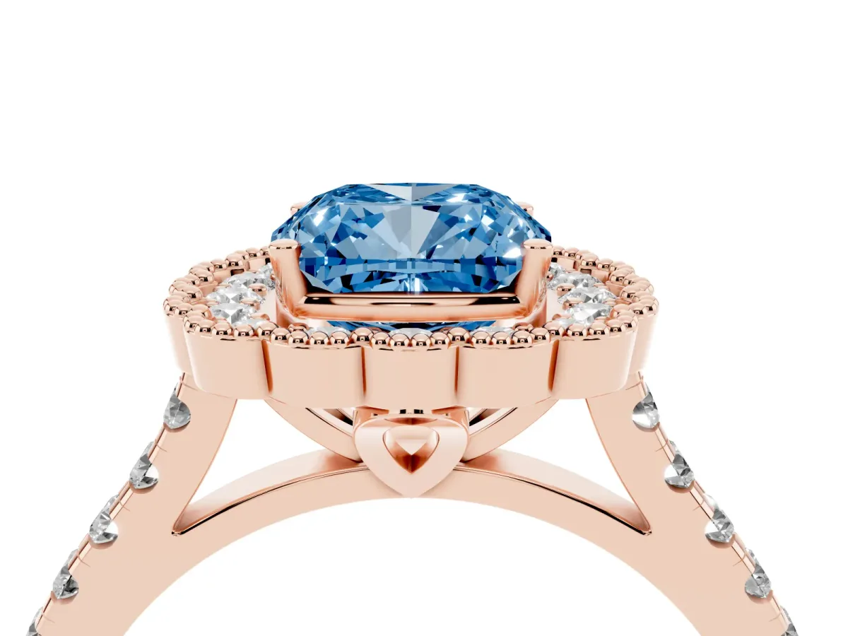 Fancy Blue Cushion Cut Cut Diamond Milgrain Floral Halo Engagement Ring with Pavé Band Rose gold