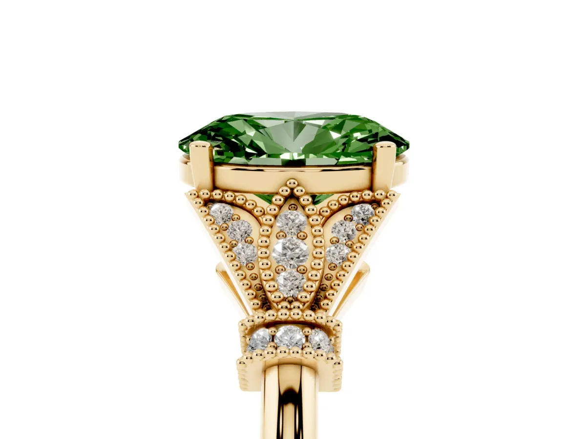 Fancy Green Oval Cut Diamond Solitaire Ring with Floral Filigree and Pave Accents Yellow gold