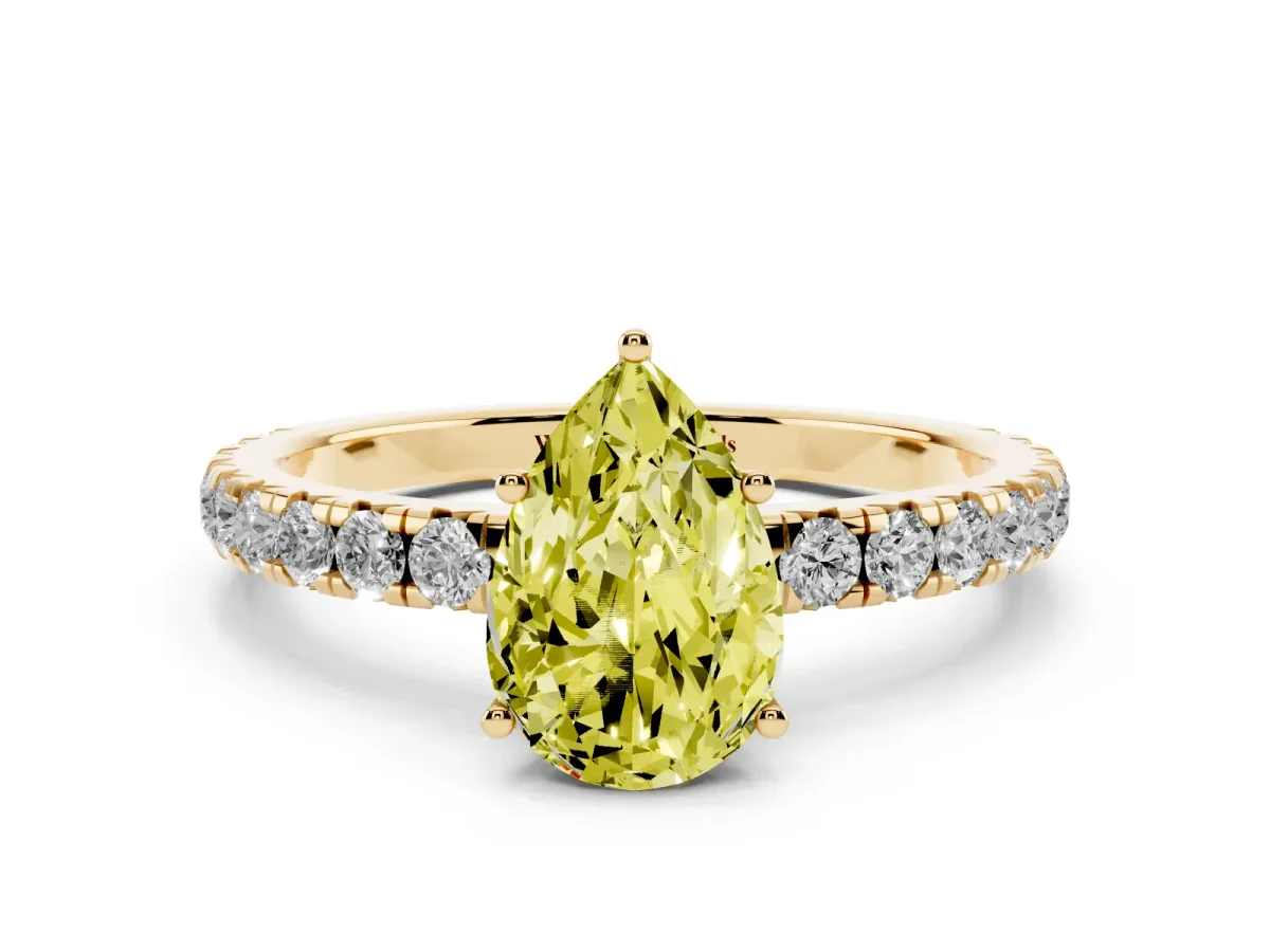 Fancy Yellow Pear Cut Diamond Pavé Solitaire Engagement Ring with Four-Prong Setting Yellow gold