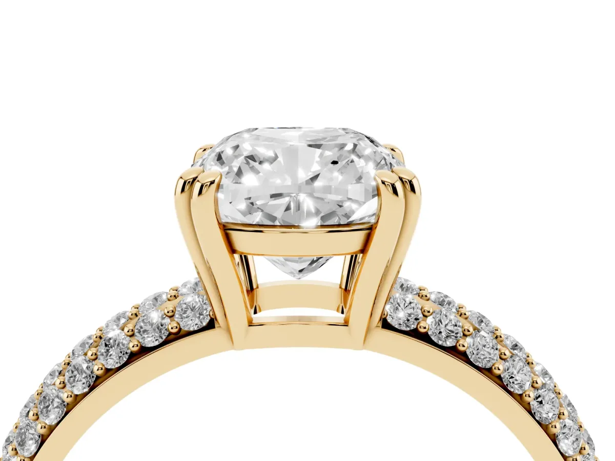 Cushion Cut Diamond Solitaire Ring with Multi-Row Round Pavé Band and Prong Setting Yellow gold