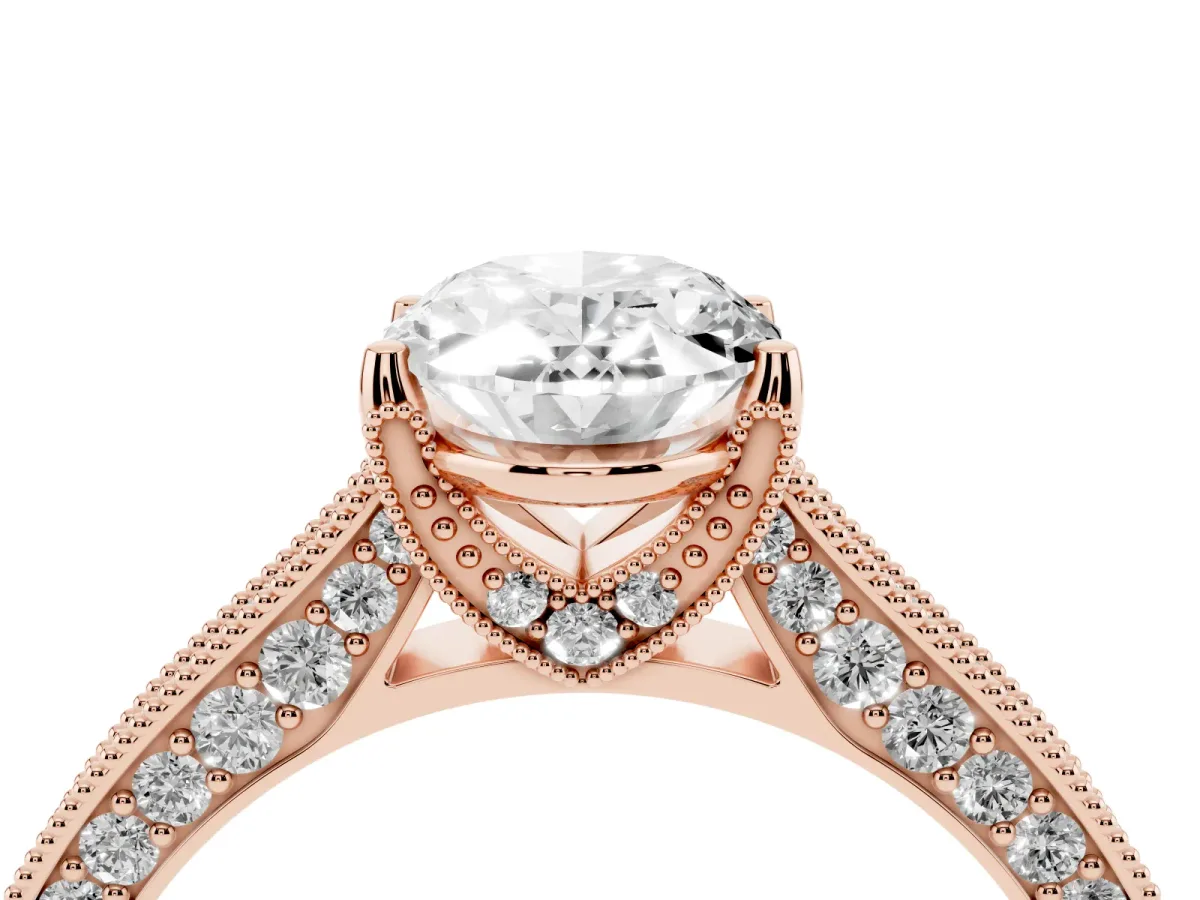 Oval Cut Cut Diamond Solitaire Ring with Milgrain Pave Band and Four Prong Setting Rose gold