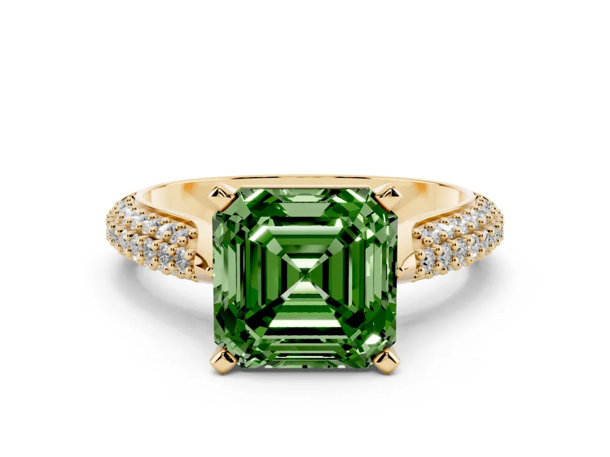 Fancy Green Asscher Cut Diamond Solitaire Engagement Ring with Multi-Row Round Pavé Band and Prong Setting Yellow gold