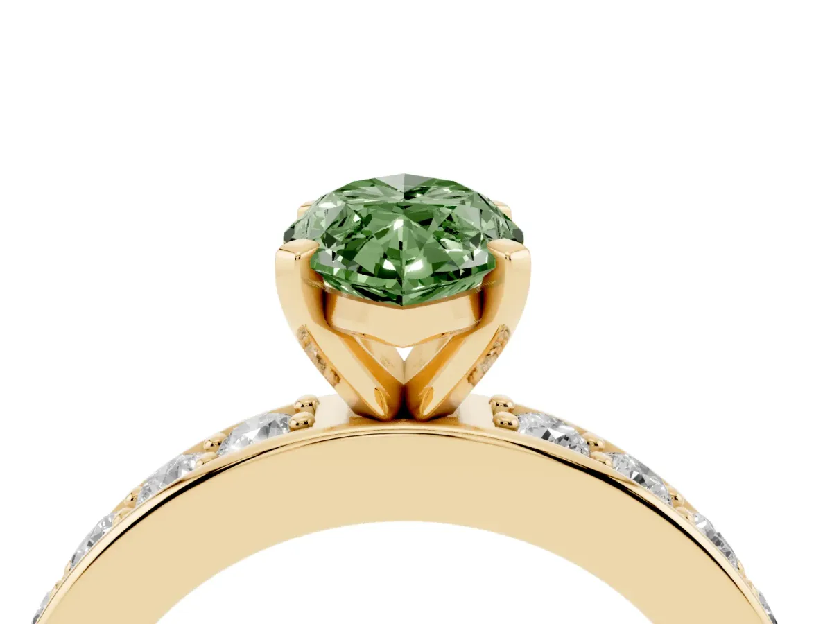 Fancy Green Marquise Cut Diamond Engagement Ring with Channel Set Round Band and Prong Setting Yellow gold