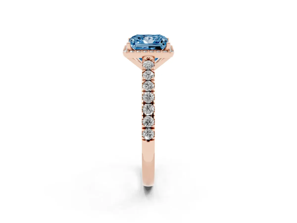 Fancy Blue Princess Cut Cut Halo Diamond Engagement Ring with Pave Band and Four-Prong Setting Rose gold