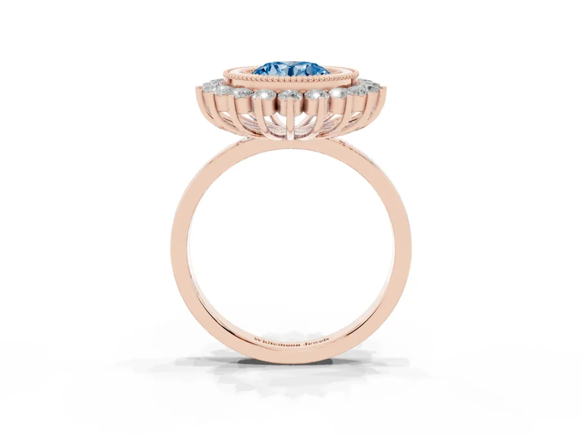 Fancy Blue Round Cut Halo Diamond Ring with Milgrain Edge and Round Prong Setting Rose gold