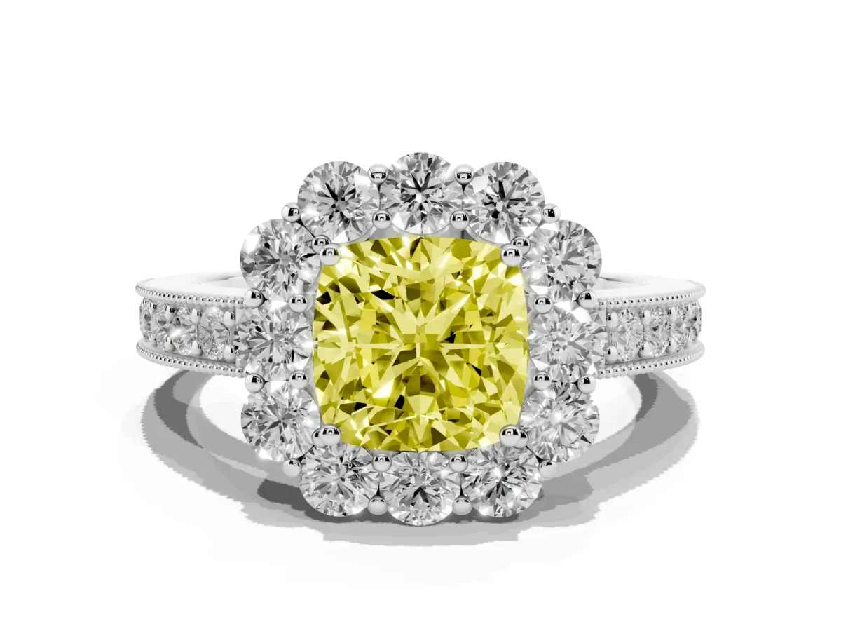 Fancy Yellow Cushion Cut Cut Halo Diamond Pavé Engagement Ring with Milgrain Detailing White gold