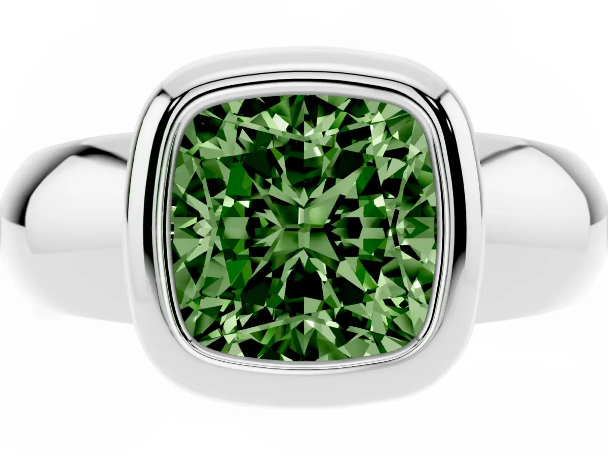 Fancy Green Bezel Set Cushion Cut Solitaire Ring with Wide Band Silver