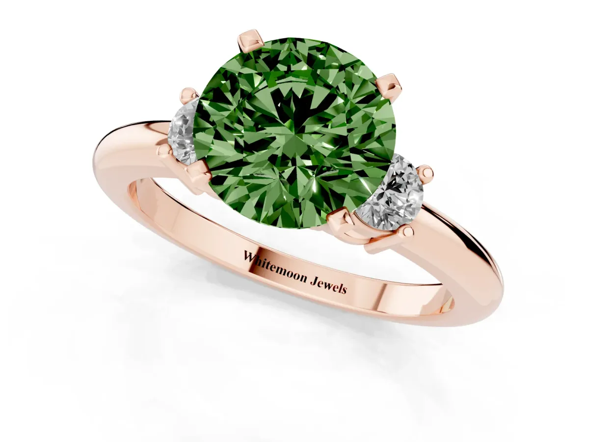 Fancy Green Three-Stone Round Cut Cut Diamond Solitaire with Prong Setting and Classic Band Rose gold