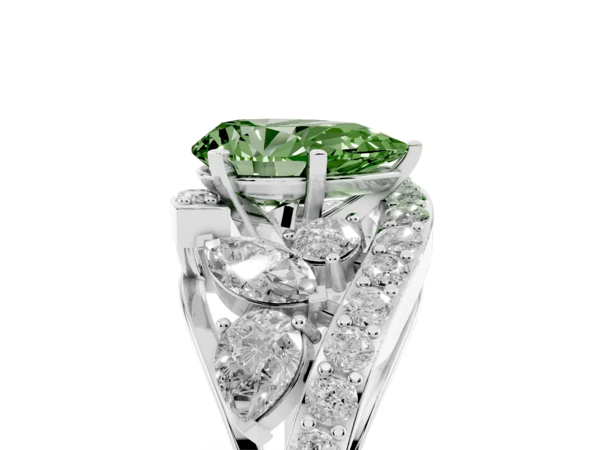 Fancy Green Pear Cut Diamond Halo Ring with Marquise and Pavé Band in Prong Setting Silver