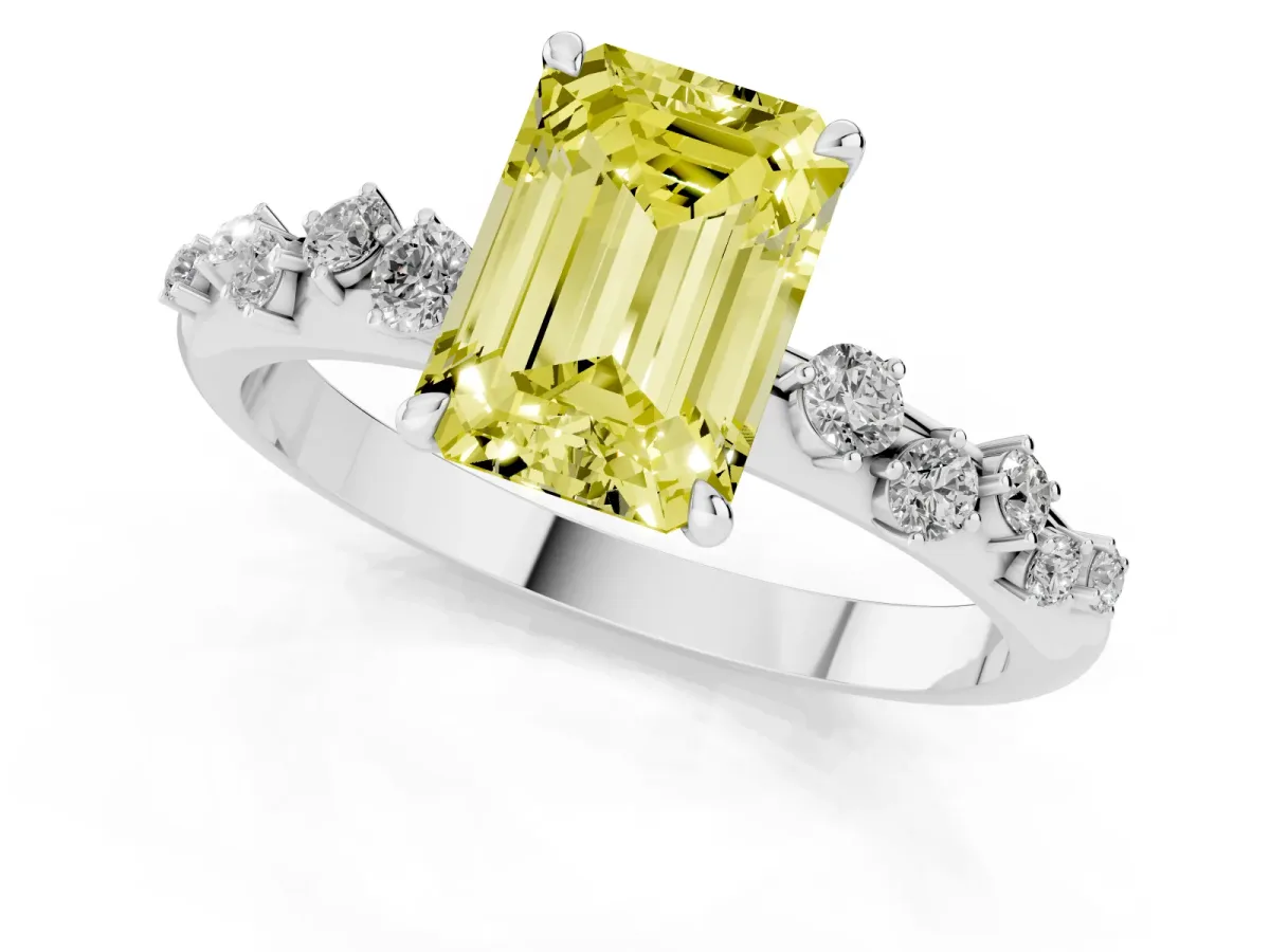 Fancy Yellow Emerald Cut Diamond Cluster Prong-Set Solitaire Ring Platinum
