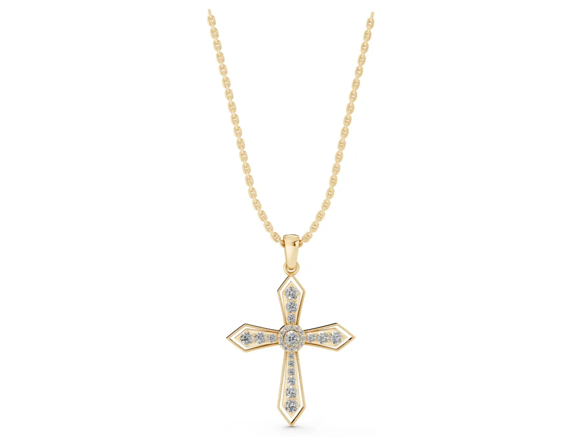 Round Diamond Milgrain Cross Pendant with Bezel Setting Yellow gold