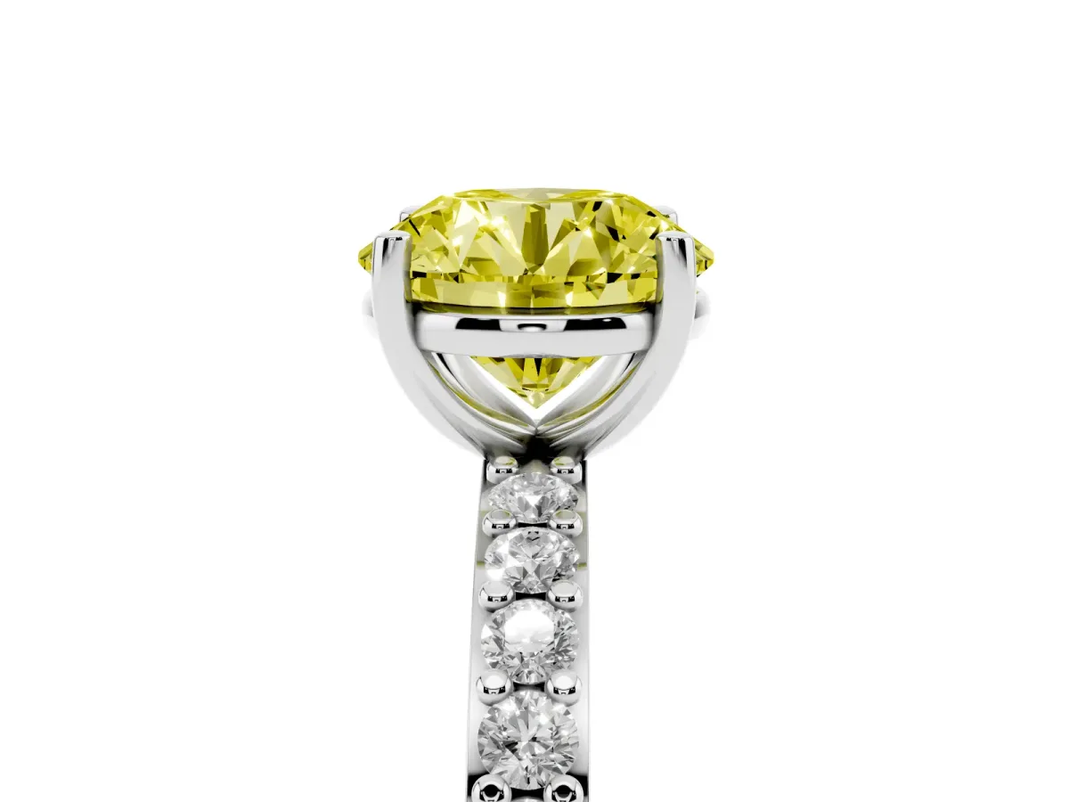 Fancy Yellow Round Cut Cut Diamond Solitaire with Pave Band and Four-Prong Setting Silver