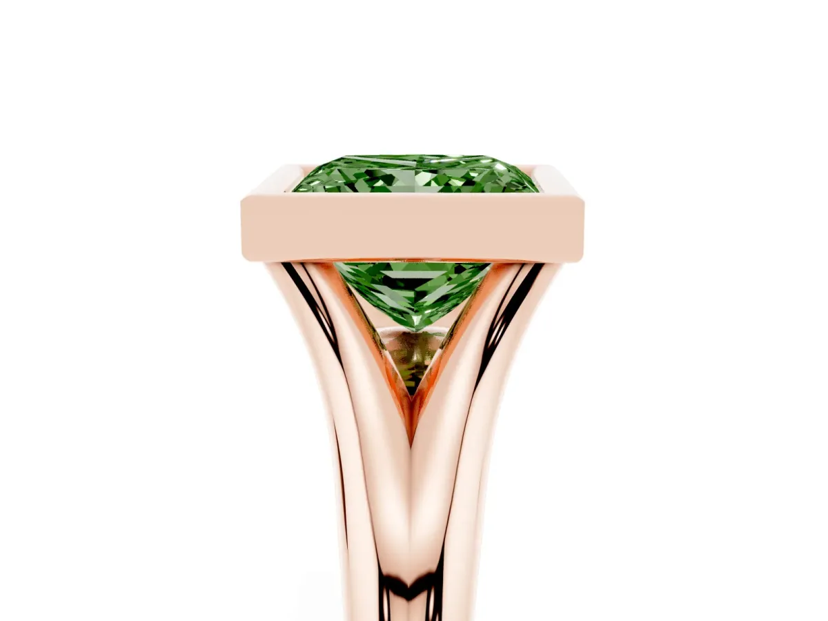 Fancy Green Bezel Set Princess Cut Solitaire Diamond Ring with Smooth Band Rose gold
